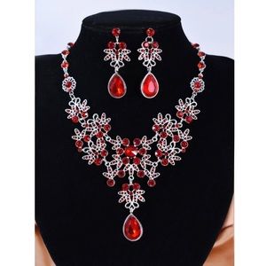 Bling Ruby Red Necklace Earring Set Silver Tone Glam